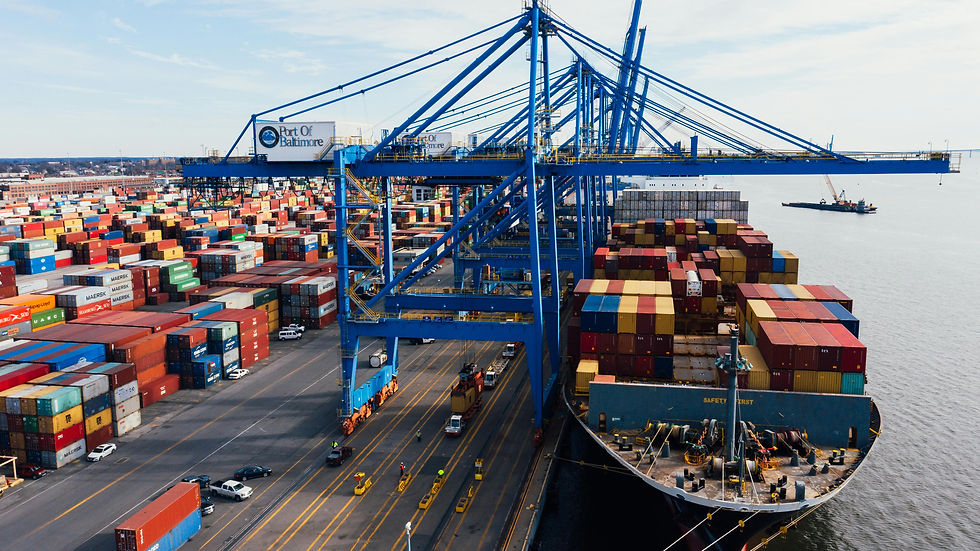 Cargo ship at port, containers, cranes