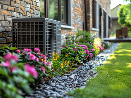 HVAC Unit Installed Beside Brick Home with Garden in The Hamptons Showing Coastal Weather Protection