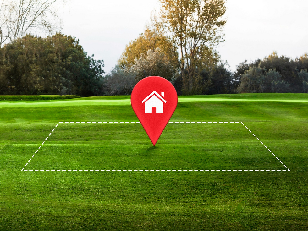 Aerial view of a grassy lot with a digital location pin marking a potential home site, illustrating the concept of building on a flag lot in East Hampton