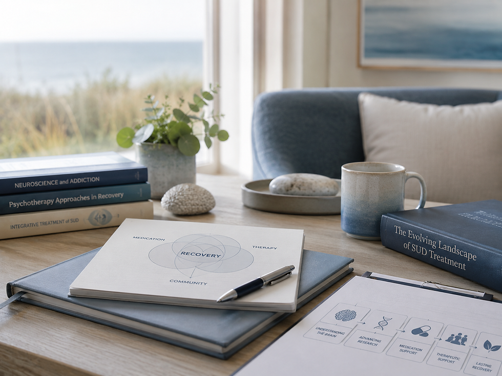 A calming coastal-inspired office at Seafield Center featuring recovery treatment materials, neuroscience and addiction resources, and clinical care planning tools that represent the evolving landscape of substance use disorder treatment and recovery.