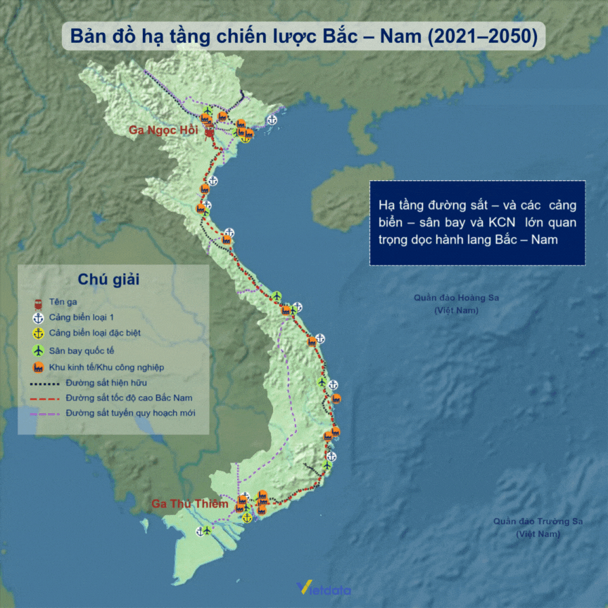 Bản đồ hạ tầng đường sắt và danh sách các cảng biển – sân bay – khu công nghiệp lớn dọc hành lang Bắc – Nam