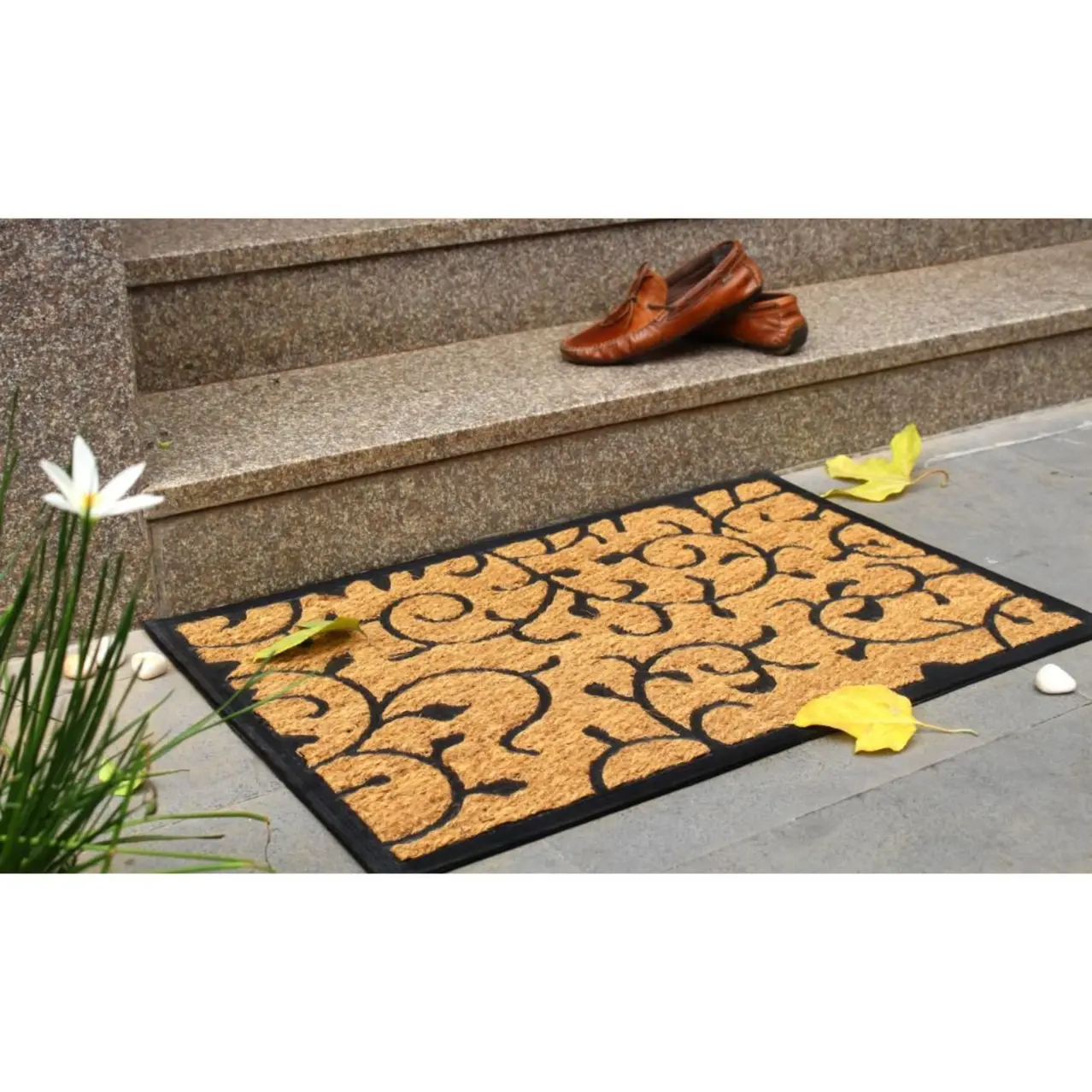 Black Moulded Rubber Coir Vines Doormat, 24" X 36"