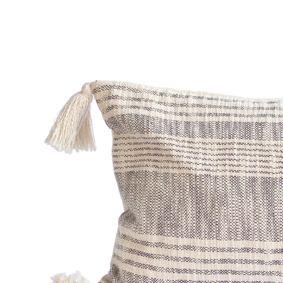 Thumbnail: Striped Charcoal and Cream Cotton Pillow with Tassels