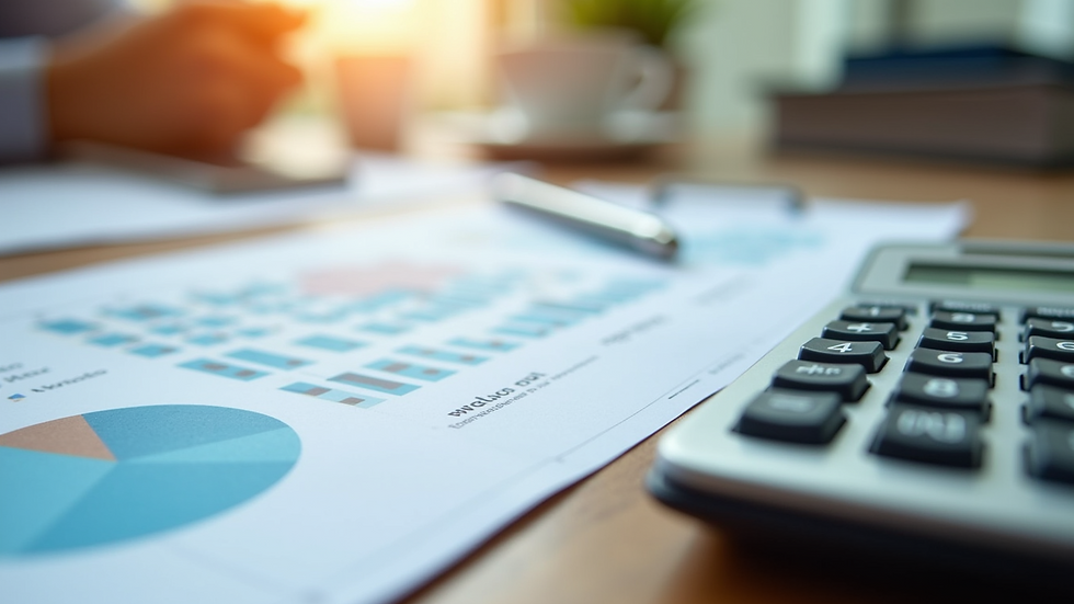 Close-up view of financial reports and calculator on a wooden table