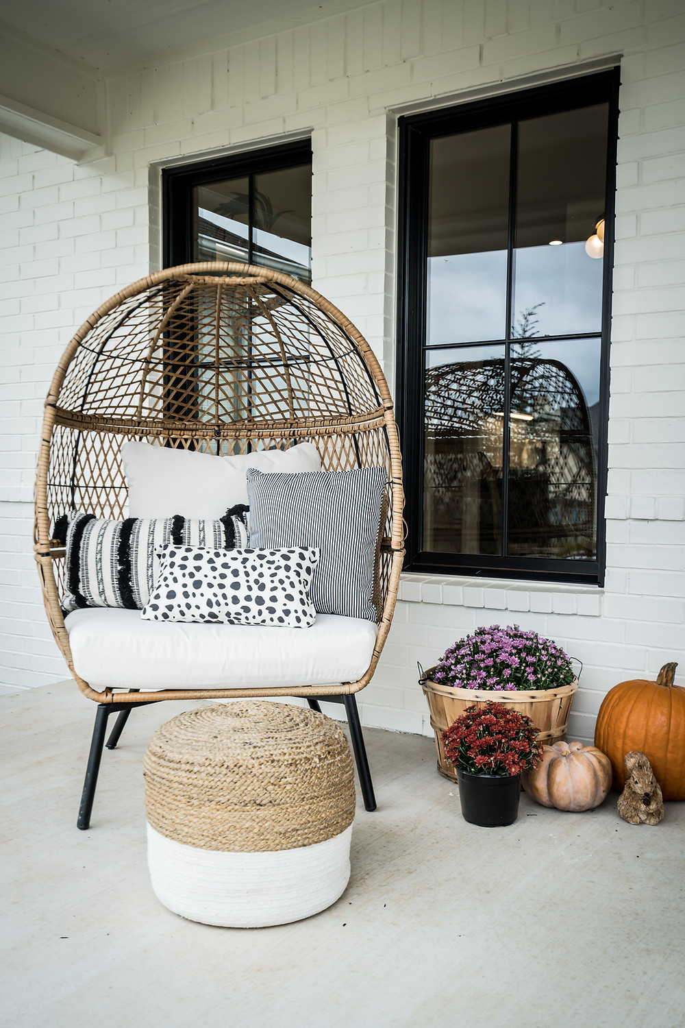 House of Rad Black and White Modern Farmhouse Exterior Oklahoma City Bushel Baskets Mums Pumpkins Lanterns Front Porch Decor Fall Porch Decor