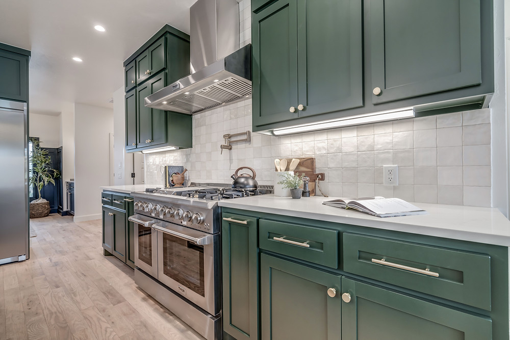 House of Rad Modern Farmhouse Kitchen Green Kitchen Cabinets White and Green Kitchen