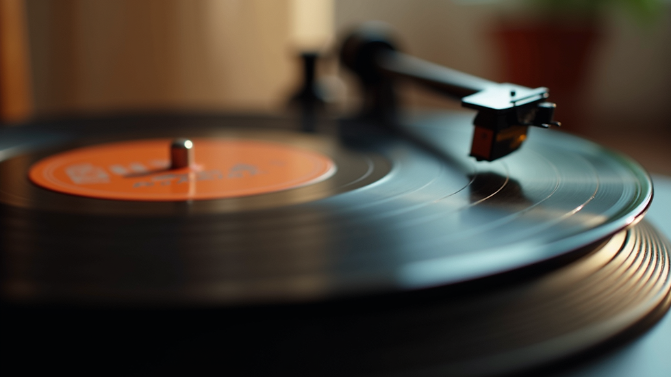 Close-up view of a vinyl record player with a jazz record spinning