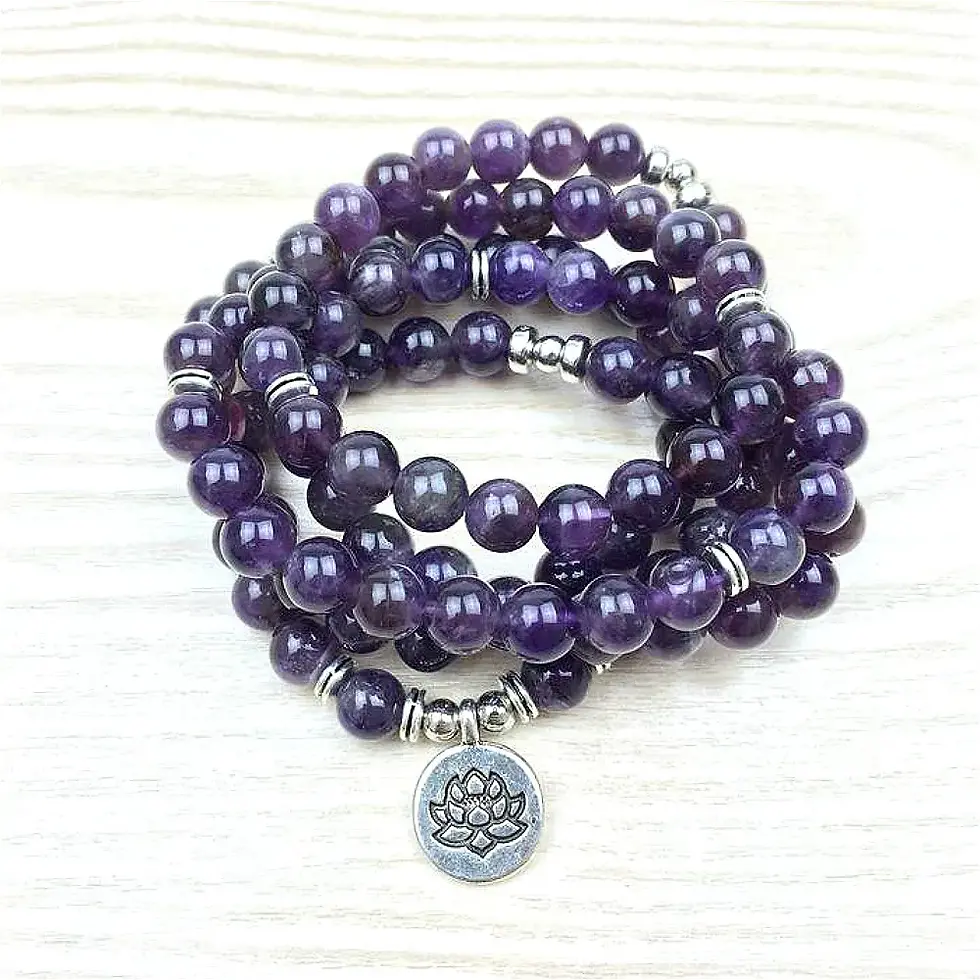 Thumbnail: Natural Amethysts 108 Mala Bracelet with Lotus Charm