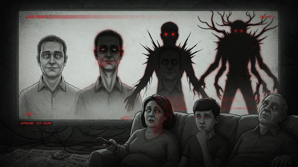 Family watches TV showing people turning into shadowy figures. Red text reads "LIVE FEED" and "Day 27." Mood is eerie and tense.