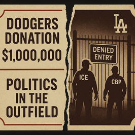 Torn poster with text "Dodgers Donation $1,000,000" and "Politics in the Outfield." Silhouettes labeled ICE, CBP; "Denied Entry" sign. Grunge style.