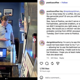 Instagram post from poeticacoffee shows a man in a blue polo at a coffee counter beside an angry comment thread, tense mood.