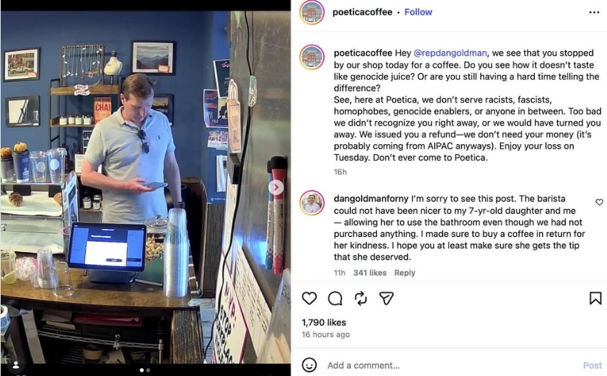 Instagram post from poeticacoffee shows a man in a blue polo at a coffee counter beside an angry comment thread, tense mood.