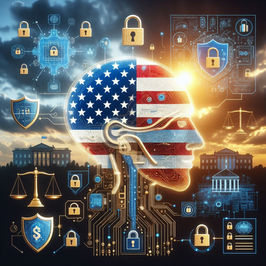 American flag head with circuit lines and padlocks, surrounded by cybersecurity and justice icons over a government skyline at sunset