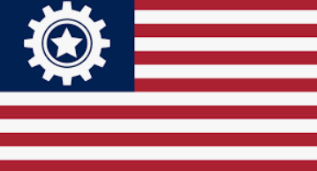 Flag with red and white stripes, blue rectangle, white star inside a gear symbol. Patriotic and industrial theme. Democrat Socialists of America