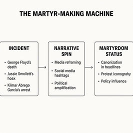 Flowchart titled "The Martyr-Making Machine" highlighting "Incident," "Narrative Spin," and "Martyrdom Status" with examples and arrows.