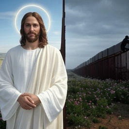 A serene figure in white stands amid flowers with a glowing halo. Beside, a silhouette climbs a tall fence under a cloudy sky, creating contrast.