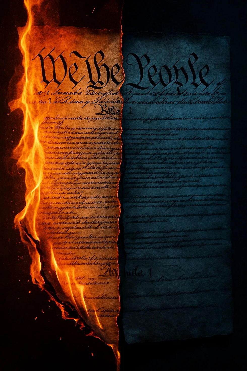 The "We the People" document burns on one side, with flames and dark singed edges. Half of the page is intact, evoking a tense mood.