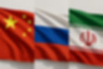 Three flags side by side: China's red with yellow stars, Russia's white, blue, red stripes, and Iran's green, white, red with emblem.