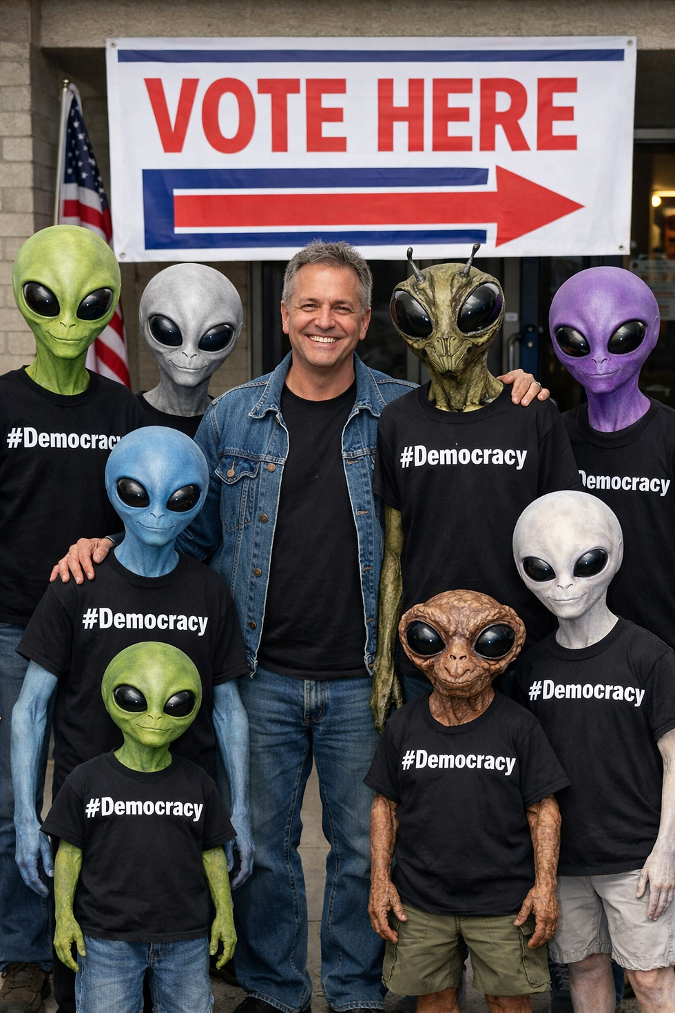 Aliens in #Democracy shirts and a smiling man stand under a "VOTE HERE" sign. American flag visible. Playful and positive mood.