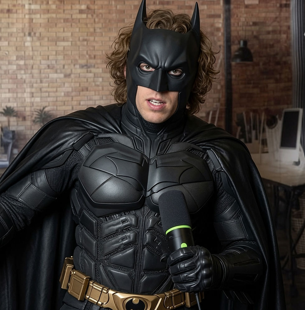 Man in a Batman costume holds a microphone indoors, with a brick wall background and a serious expression.
