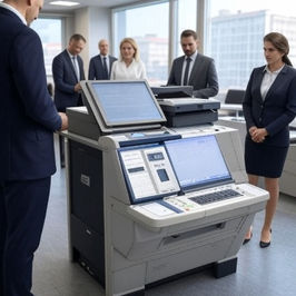 People in office attire stand around a large printer in a bright, corporate office. They're observing the printer, conveying focus and attentiveness.