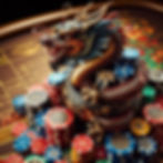 A detailed dragon sculpture sits atop colorful poker chips on a casino table, creating a vibrant and intense atmosphere.