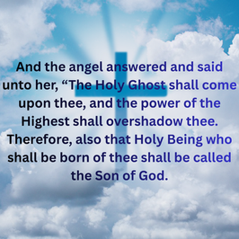 Text about the Holy Ghost appears over a cloudy sky with a glowing blue cross. The text discusses the Holy Ghost and the Son of God.