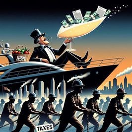 Tuxedoed man on yacht with a FRUIT BAKET and money-filled glass, while chained workers pull below; TAXES sign.