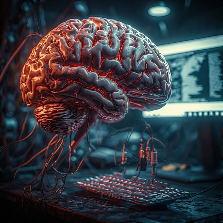 A large brain with glowing veins is connected to a keyboard and screen, with wires in a dimly lit, high-tech setting.