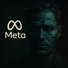 Dark digital image with half a man's face and "Meta" logo on the left. Green glitch effect overlays, creating a mysterious, tech-driven mood.