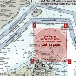 Nautical map of the Strait of Hormuz with a red hazardous area box, traffic lanes, arrows, and A–D markers