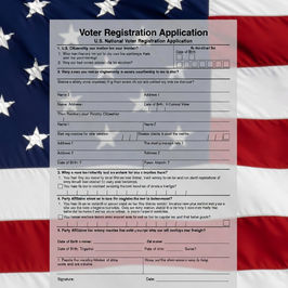 Voter Registration Application form over a waving U.S. flag, with bold title and blank fields visible.