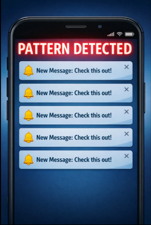 Phone displaying multiple notifications: "New Message: Check this out!" with a red alert "PATTERN DETECTED" at the top, indicating urgency.