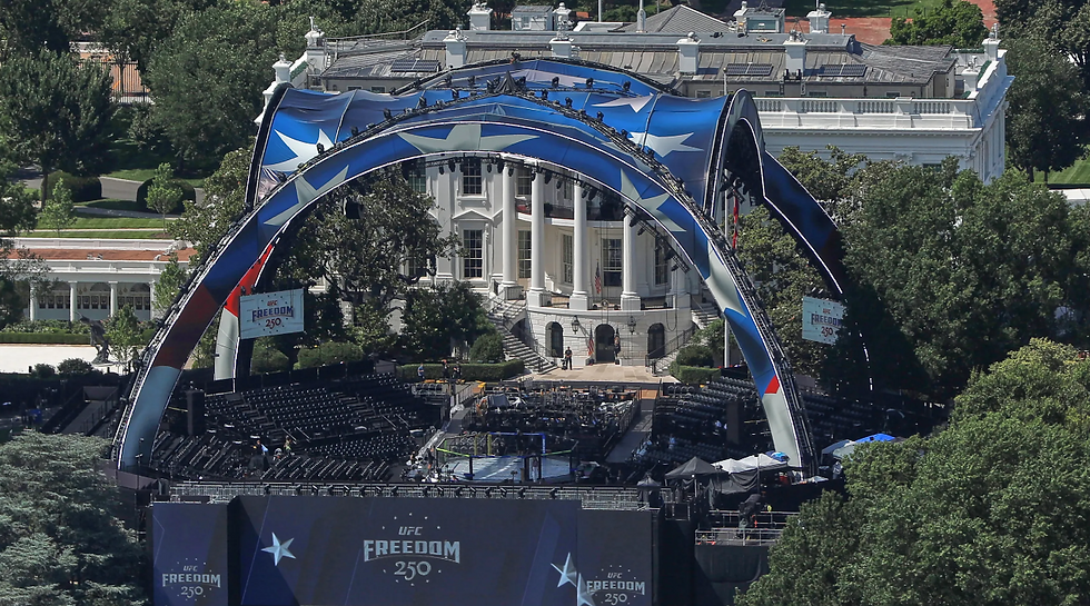UFC Freedom 250 stage with blue star arch set on White House lawn, empty seats and screens under trees.