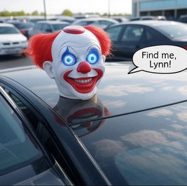 creepy clown head stuck on a car
