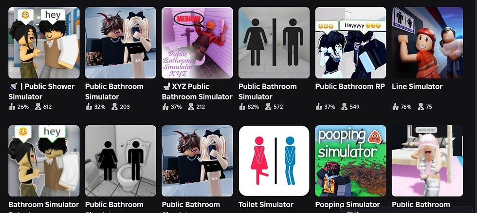 Grid of various game thumbnails featuring public bathroom simulators. Thumbnails show characters, emoji, and restroom symbols with titles.