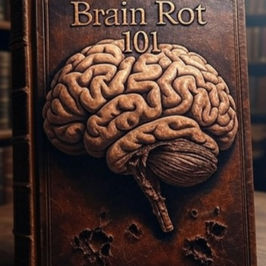 Ancient book titled "Brain Rot 101" with a 3D brain design on a wooden table, surrounded by bookshelves. Warm lighting accentuates textures.