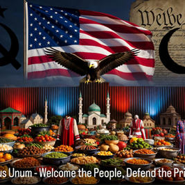 Bald eagle over diverse cultural foods and costumes, American flag, and "We the People" text. Background shows religious buildings. Mood: unity.