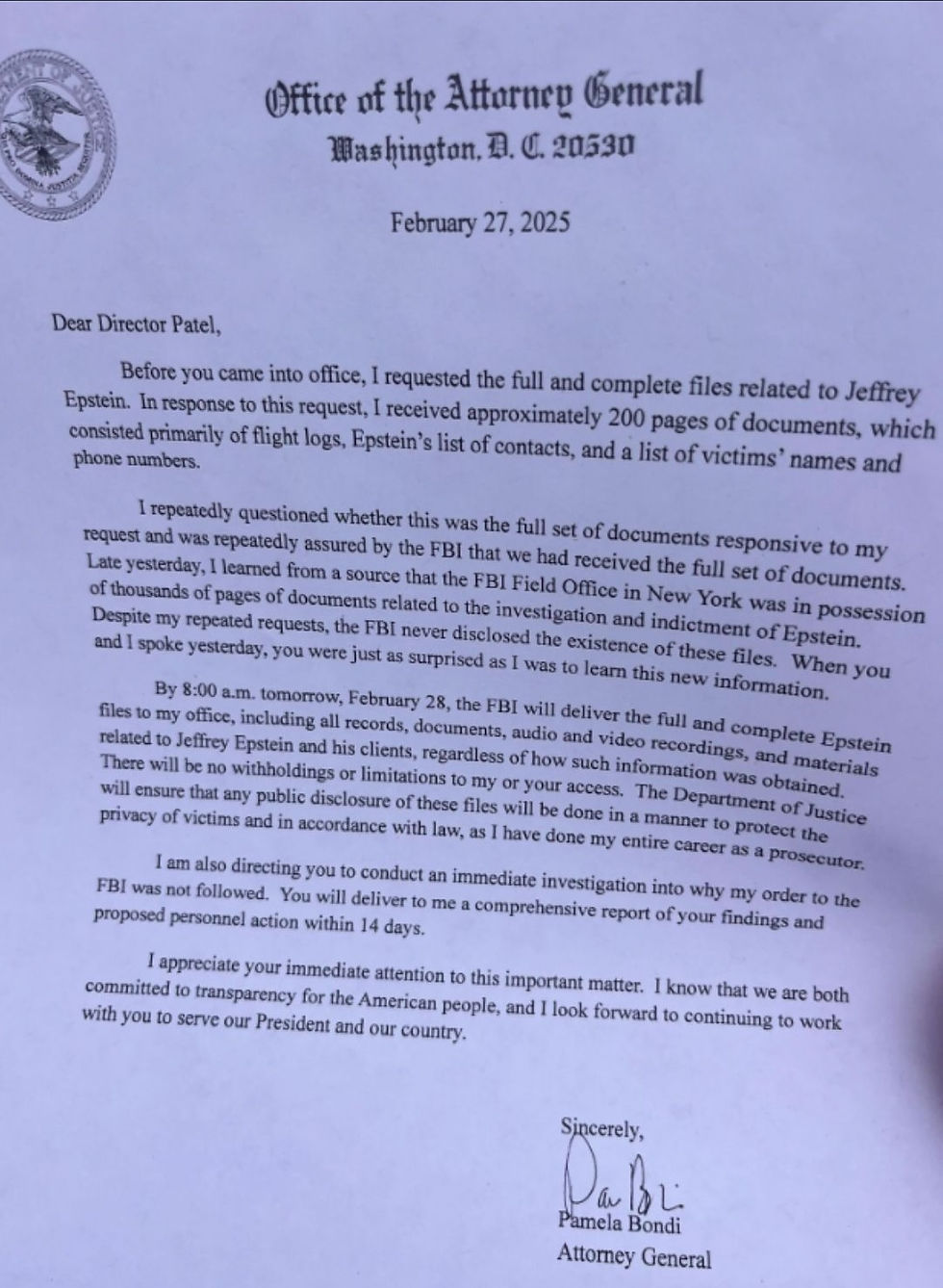 Letter From Pam Bondi to Director Patel demanding the Epstein Files be released