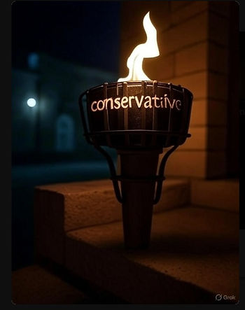 Torch flaming on stone steps at night with "conservative" text. Glow contrasts with dark blue background, creating a warm, solemn mood.