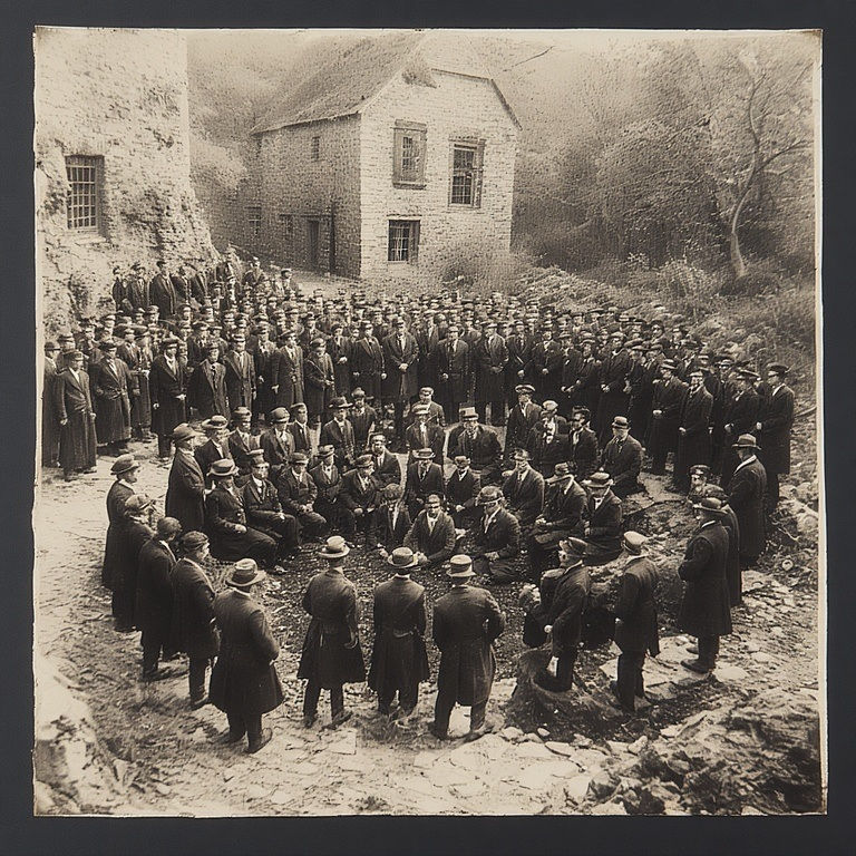 Large group of men in formal attire and hats stand in a circle outdoors near stone buildings, conveying a serious mood. Black and white image.