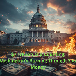 US Capitol at sunset, stacks of burning money in foreground. Text reads: "$7 Trillion and Counting: Washington’s Burning Through Your Money."