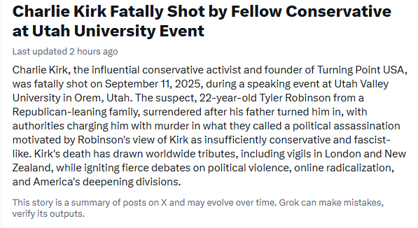 Article headline about Charlie Kirk being fatally shot at a Utah university event. Details include a suspect and political motivations.