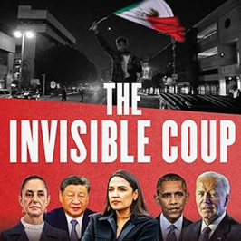 Book cover titled "The Invisible Coup" with five people in suits below night city scene. Red and white text highlights the title and author.