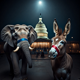 Elephant and donkey with tape over their mouths stand before the illuminated U.S. Capitol at night, symbolizing political silence.