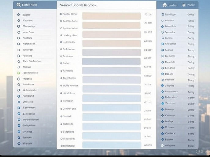 Interface displaying a list with color-coded bars on a blurred city background. Text includes various nonsensical names and numbers.