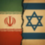 Two cracked flags side by side: Iran on the left, Israel on the right, symbolizing tension. The crack divides them against a textured background.