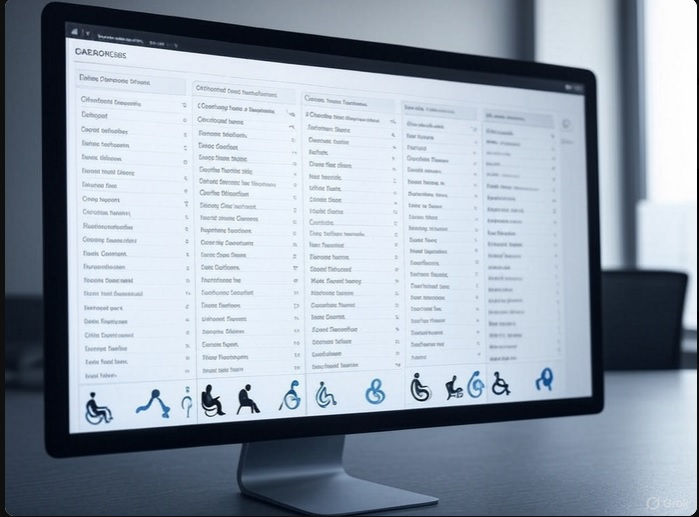 Computer screen displaying a list of items with disability icons at the bottom. The setting is a modern office with muted colors.