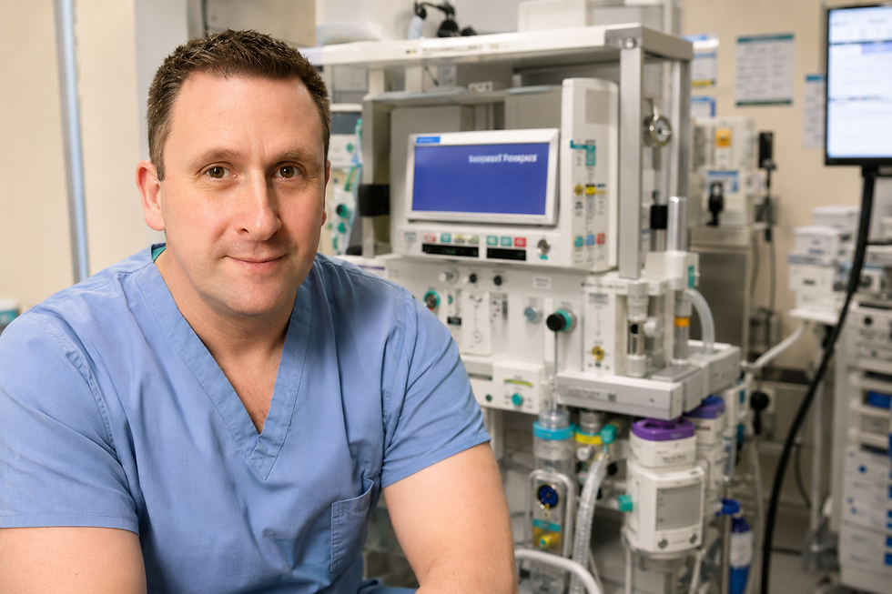 Gary in NHS scrubs in a clinical environment