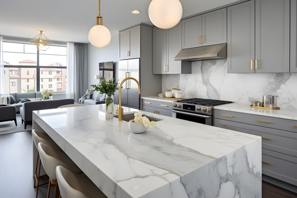 Gray and white kitchen with marble island and contemporary lighting